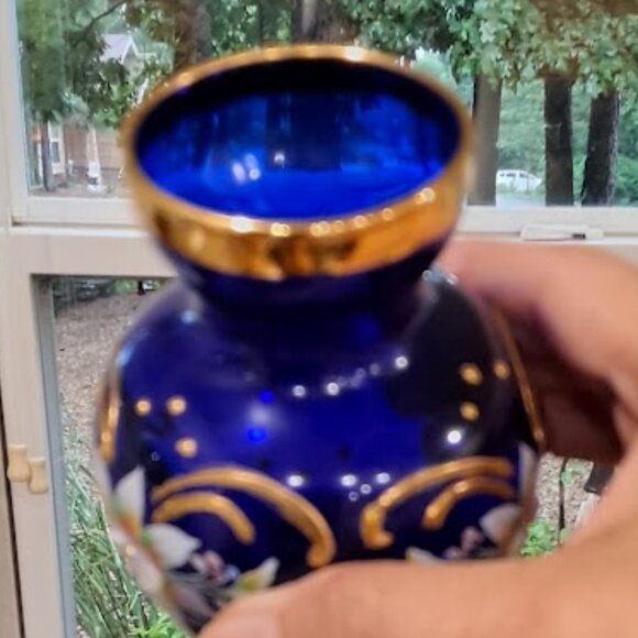 Vintage Mini Cobalt Blue Glass Vase, Gold Trim, 3D Hand painted Floral Design - Picture 3 of 10